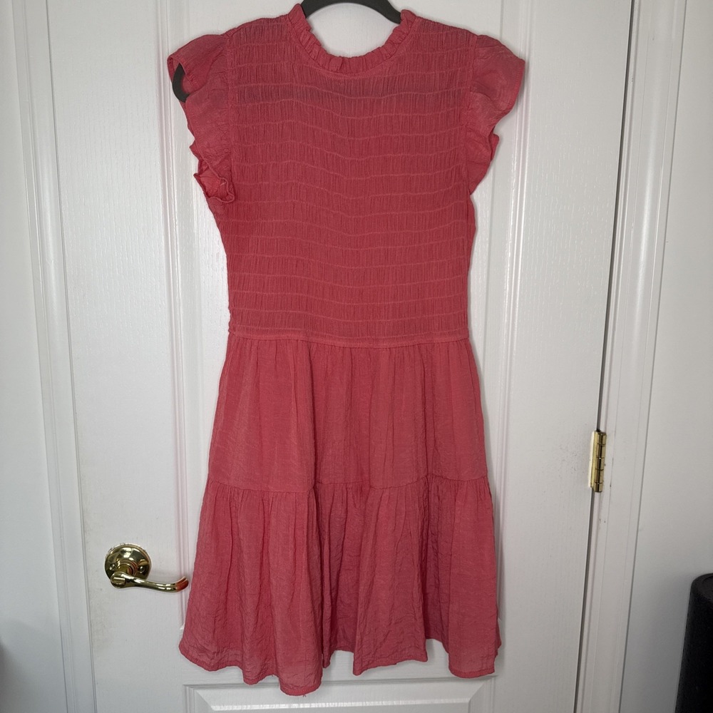 MINE Coral Smocked Tiered Midi Dress Size L Flutter Sleeve Boho Summer Beach